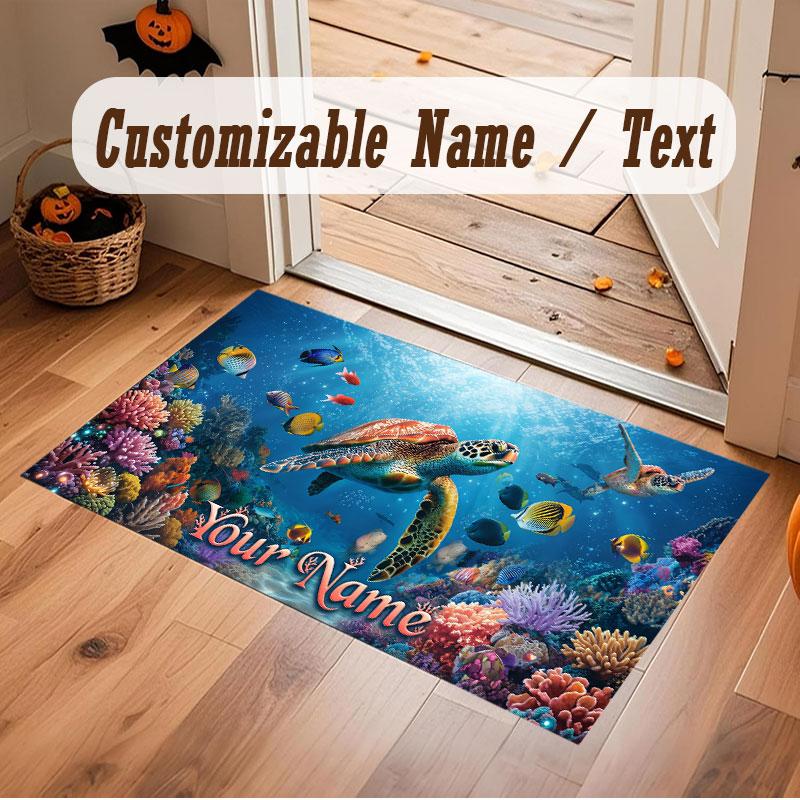 Octopus Sea Life Theme Crystal Velvet Floor Rug Personalized Custom Name Text Warm Carpet Home Decoration