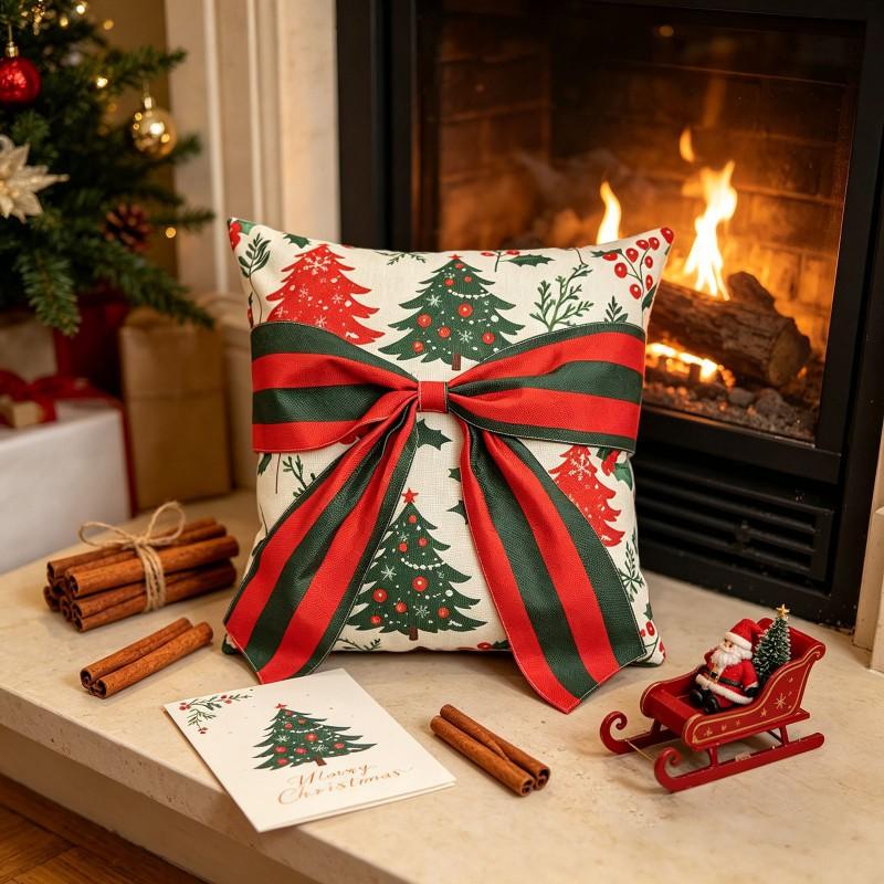 Christmas Pillow Cover With Bow Tie Decorative Square Cushion Case Sofa Chair Living Room Holiday Home Decoration