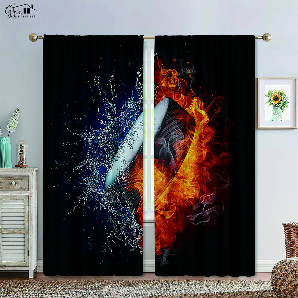 Basketball Football in Water and Fire Black Printed Curtain Rod Pocket Design Machine Washable Bedchamber Living Area Decorative Curtains