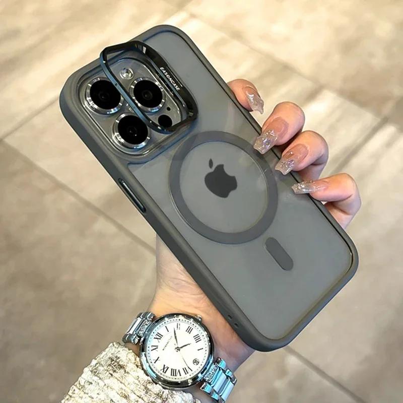 Металлический чехол-подставка с линзами Magsafe для iPhone 15 Pro Max 14 13 11 12 Pro Max Plus, защитный чехол для беспроводной зарядки камеры