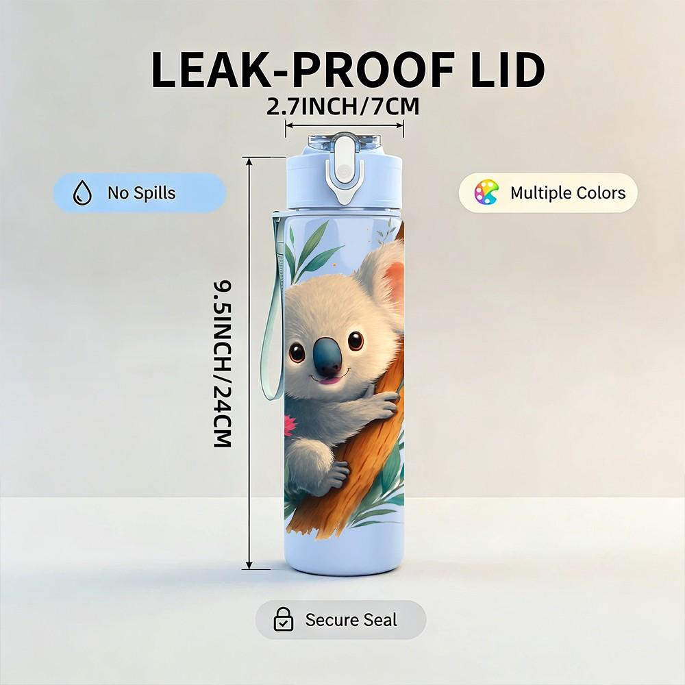 1PC Koala Bear Eucalyptus Leaf Print 750ml Color Plastic Sports Water Bottle Leakproof Flip Straw Lid Suitable for Sports Office Home Use