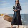 European-American Women's Slim Fit Leather Trench Coat with Buttons - Long Style In Plus Sizes