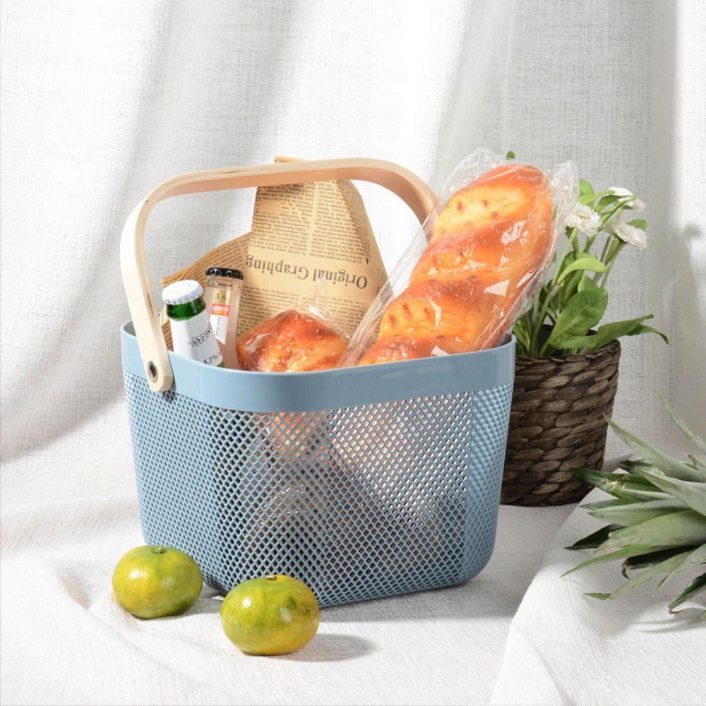 Solid Color Storage Organizer Basket Bamboo Handle Hanging Kitchen Baskets Picnic