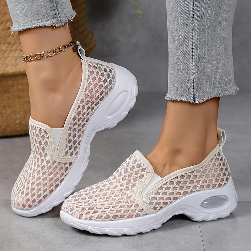 [Дышащие сетчатые кроссовки] Дышащие женские белые сетчатые слипоны с блестящими акцентами | Поддержка средней высоты и резиновая подошва для повседневного спорта