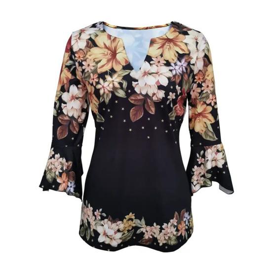 Women T-Shirt V-neck 3/4 Sleeve Pullover Tops Floral Print Lightweight Breathable Casual Tops Streetwear