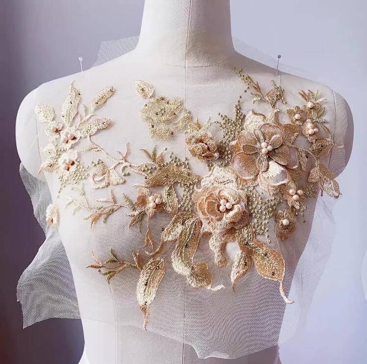 1 Piece Large 3D Lace Applique Trim Patches Pearl Purple Flower For Prom Wedding Dress Accessory Lace Fabric DIY 33*26cm