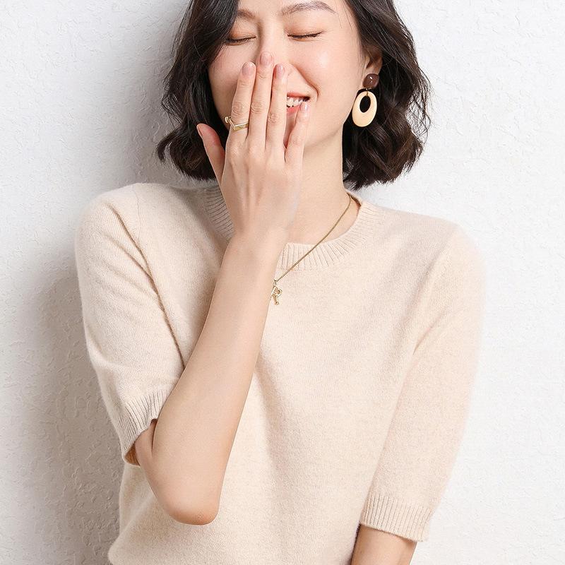 Женский свитер с круглым вырезом, шерстяной свитер с короткими рукавами, однотонный, для поездок на работу, простой, повседневный, трикотажный низ рубашки, теплый, удобный, на осень