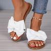 Large Size Flat-bottomed Rhinestone Bow One-word Slippers for Women To Wear Solid Color Light Cloth Cool Slippers