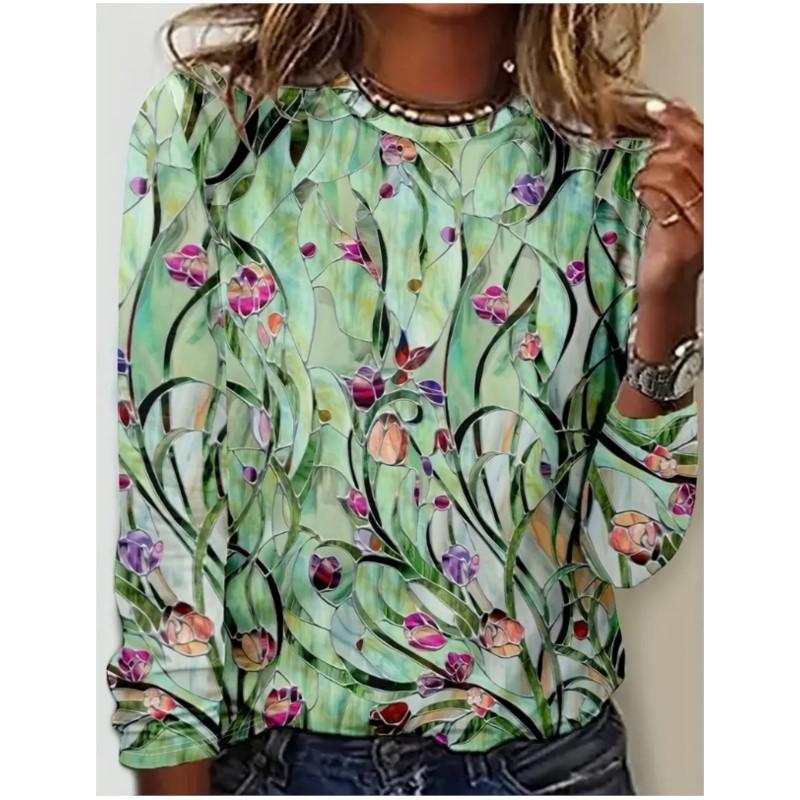 New Women Long Sleeved Round Neck Pullover T-shirt Top with Elegant and Fashionable Floral Print Casual Style T-shirt for Women
