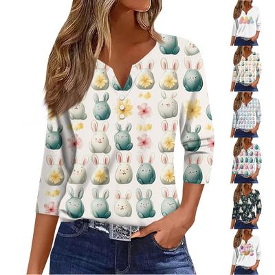 Жен. Футболка Футболка С принтом Пуговицы Рукав 3/4 Повседневные Выходные Мода Классический V-образный вырез Обычный Топ