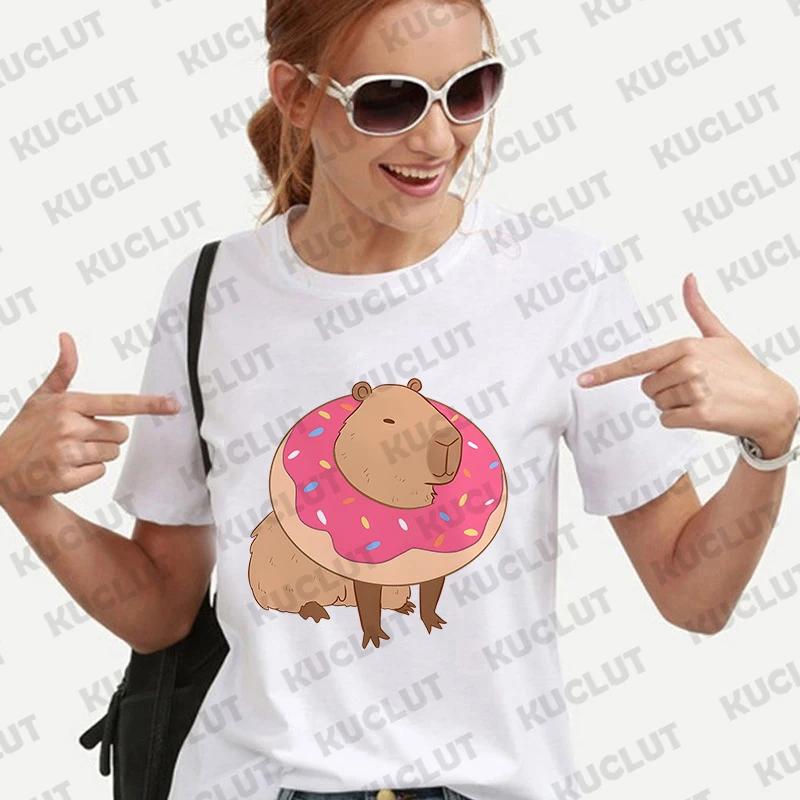Cute Capybara Anime Women's T-shirt Casual Ulzzang Short Sleeve Tees Cartoon Graphic Y2K Tops Female Blouse Aesthetic Clothing