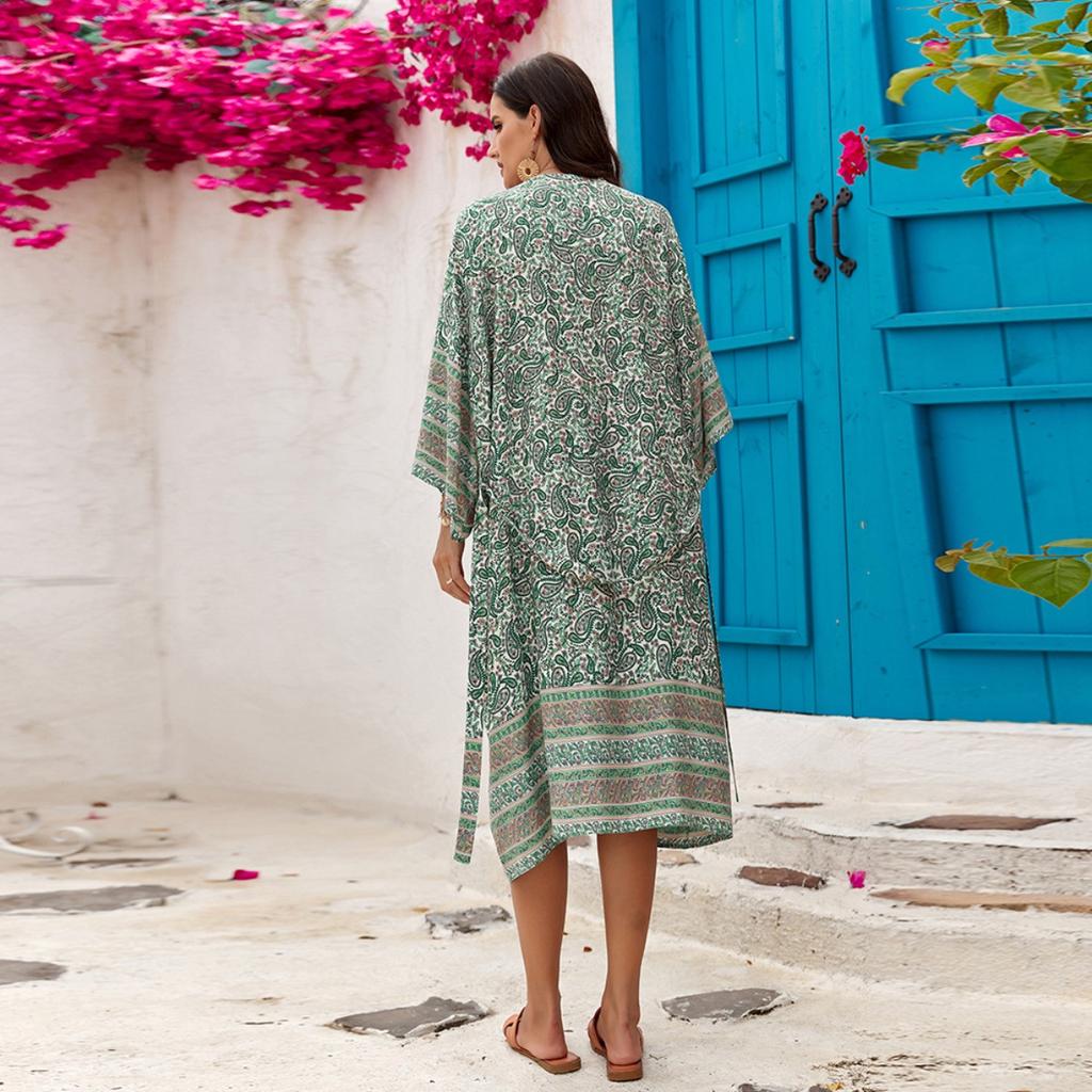 2-цветное хлопковое пляжное платье с принтом для отдыха, сексуальное платье с поясом, солнцезащитный кардиган 3827