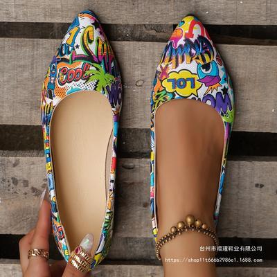 2025 весна и осень новый европейский и американский модный принт внешняя торговля большой размер на плоской подошве одинарные туфли с острым носком одинарные туфли на один педаль женские