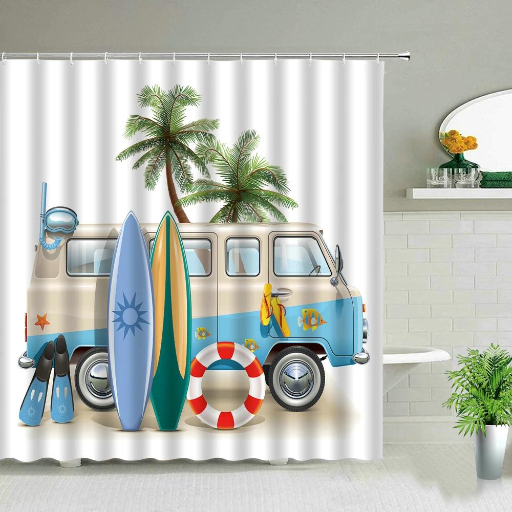 Shower Curtain Funny Shower Curtains for Bathroom Vintage Summer Holiday Retro Bus Camper Van Shower Curtains Surfboard Palm