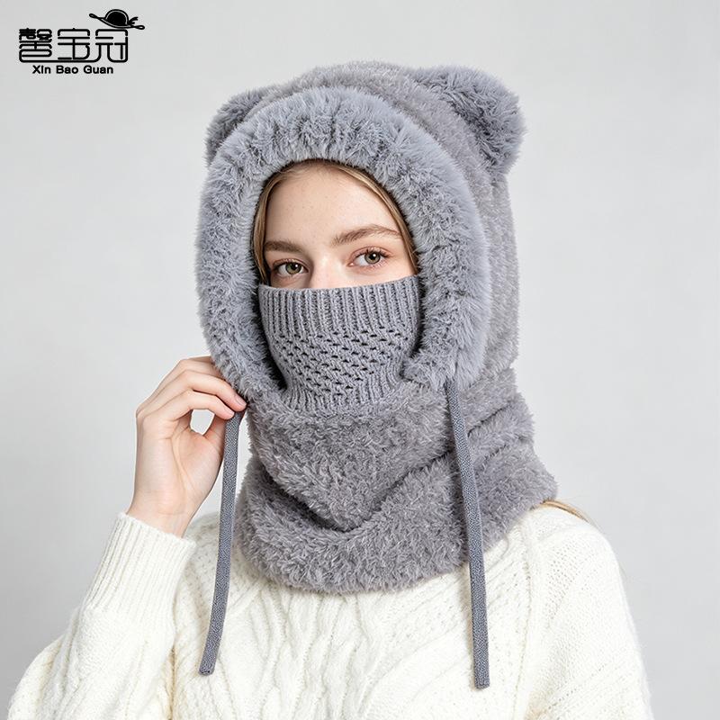 Hat, mask, scarf, integrated hat, winter outdoor cycling warm pullover hat, women's fleece ear protector, knitted wool hat