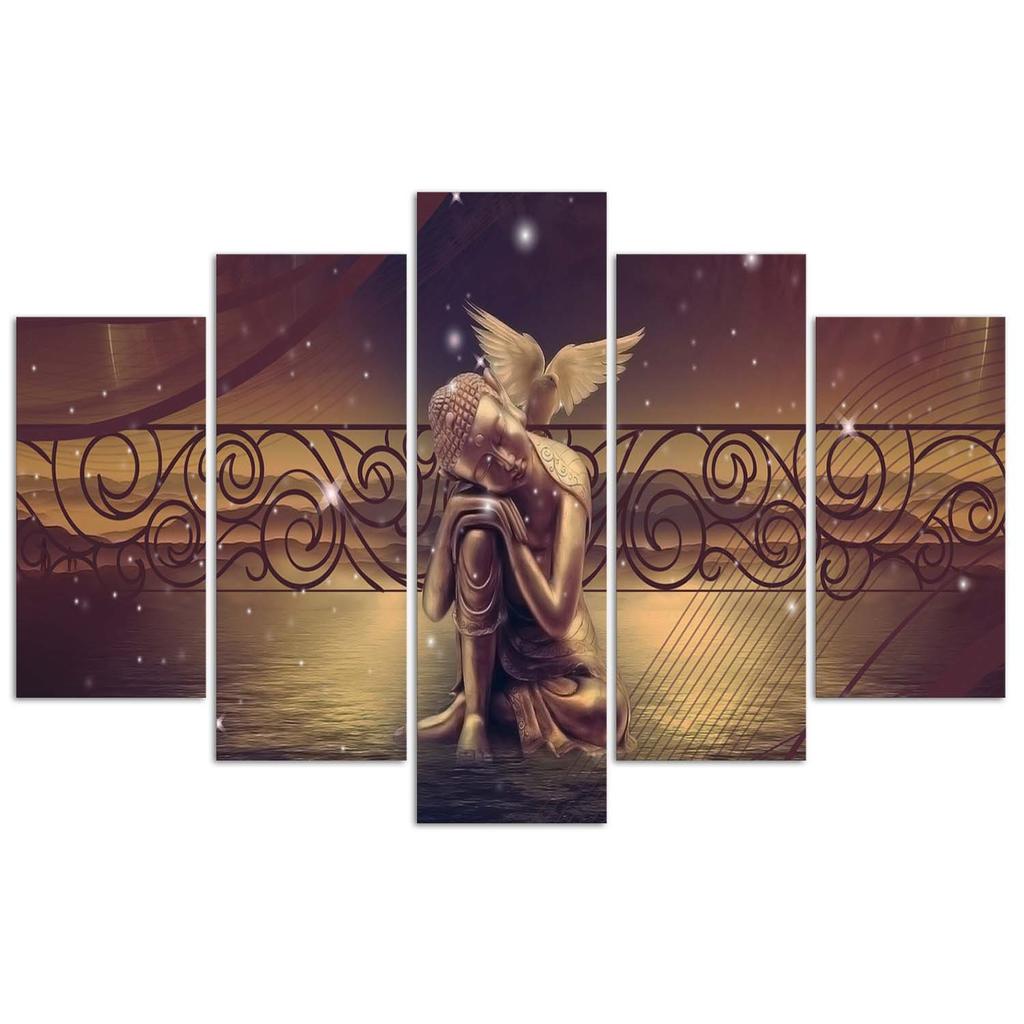 Картина из пяти частей, печать на холсте, Будда, коричневый, фэн-шуй