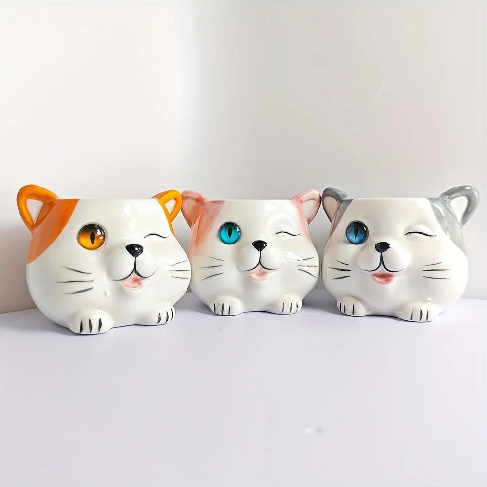 Набор из 3 керамических цветочных горшков в форме кошки, цветочные горшки для суккулентов с принтом животных и дренажными отверстиями, украшение для рабочего стола