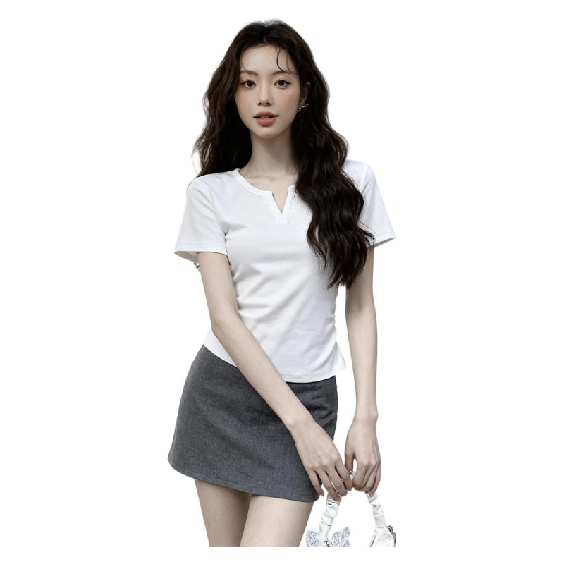 MJ STYLE V-Neck Slim Fit Short Sleeve T-Shirt for Women Summer 2026 New Waist Ruched Slimming Versatile Basic Top