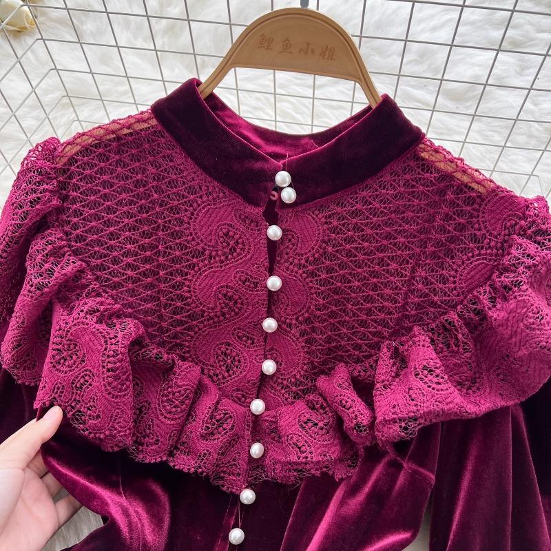 Платья High Street Женские ретро кружевные пэчворк золотые бархатные платья с французской жемчужной пряжкой длиной до талии винтажные шикарные платья