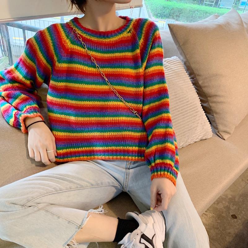 Короткие свитера в радужную полоску, женские джемперы, вязаный свободный пуловер с круглым вырезом, вязаный свитер с длинным рукавом, зимний женский