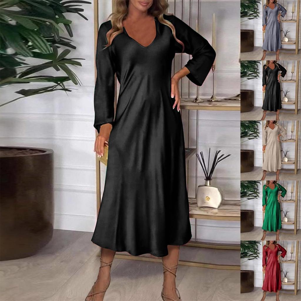 Women's Fashionable Solid Color V Neck Long Sleeved Sexy Jumpsuit A Line Long Dress