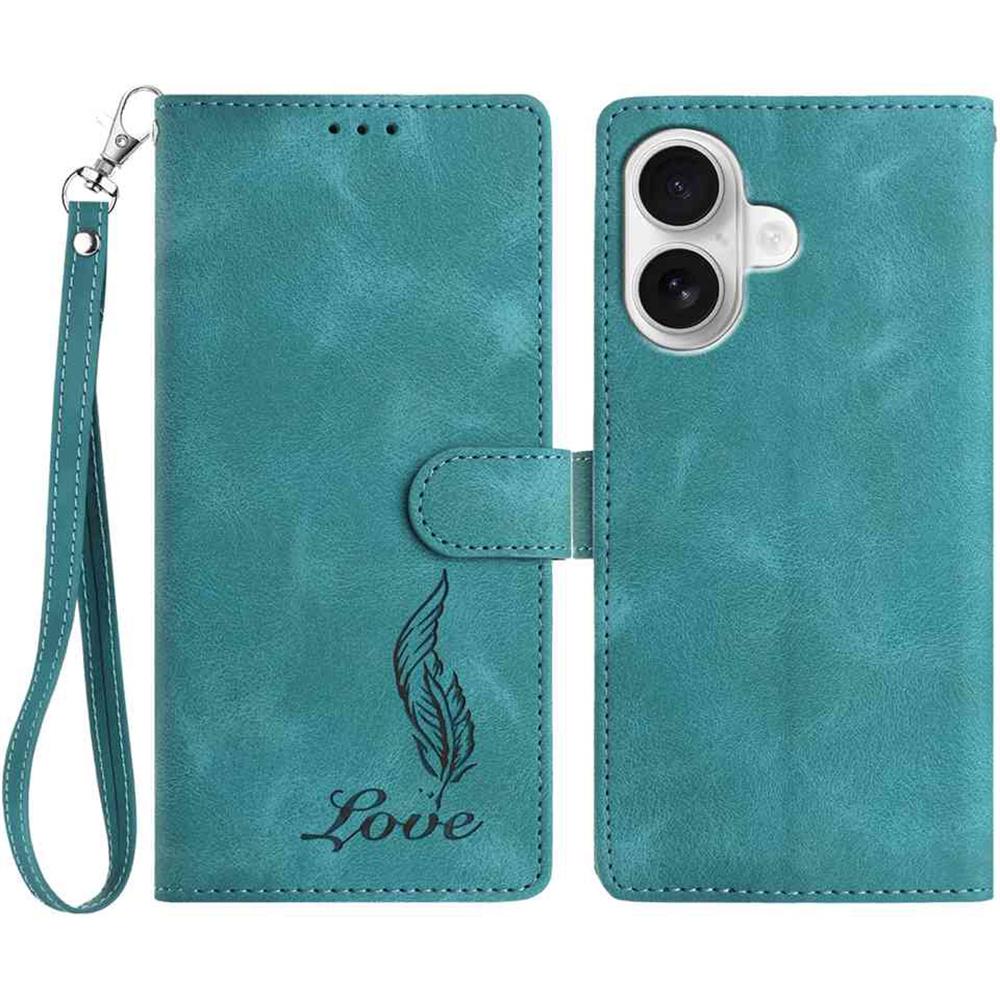 For iPhone 16 Case Imprinted Feather PU Leather Wallet Phone Cover with Wrist Strap