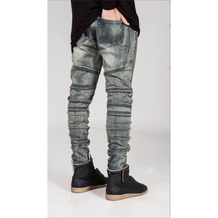 MAITA New Trend Men Casual Slim Jeans Pleated Stretch Street Long Straight Denim Pants Plus Size