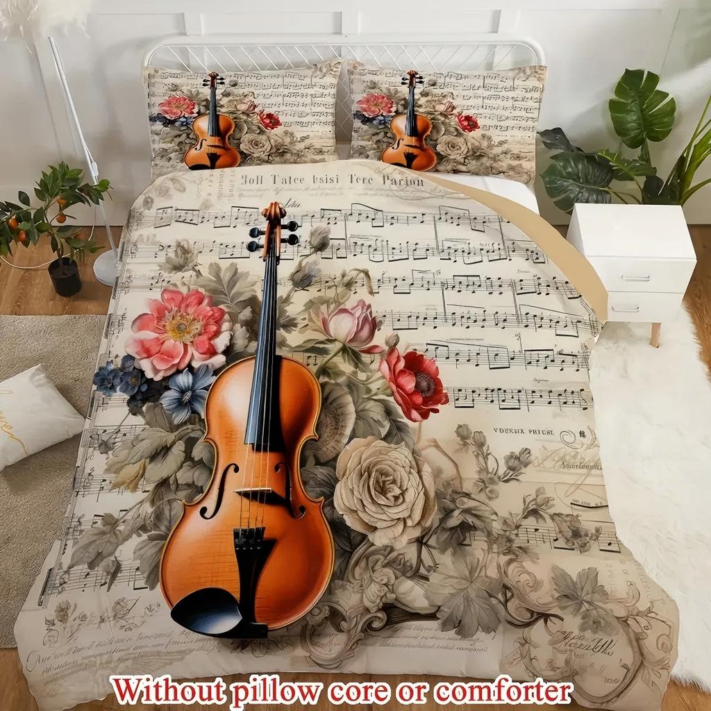 Скрипичный нотный стан Роза 3D-принт Постельное белье Наволочка Искусство классической музыки Ретро стиль Пододеяльник Домашний текстиль Комплект пододеяльника