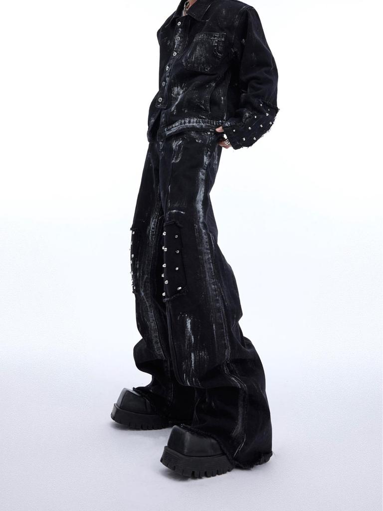 Clean-Fit Men's Distressed Loose Straight-Leg Jeans with Deconstructed Metal Rivets and Micro Flare Design