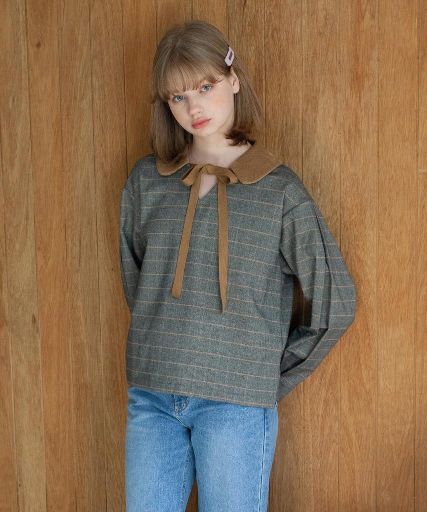 DEAR,PEER Check Ribbon Top Gray