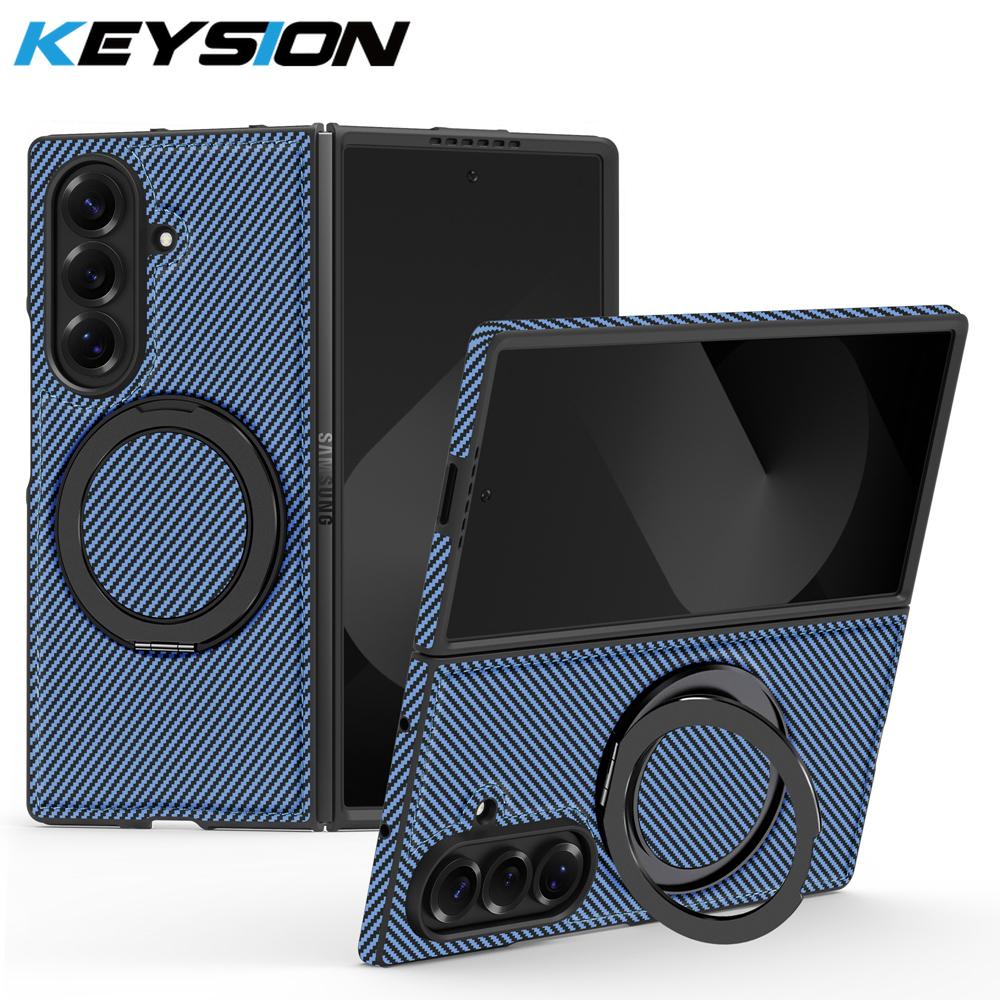 KEYSION Чехол с текстурой кевларового углеволокна для MagSafe для Samsung Galaxy Z Fold 7 6 5 4 3 с вращающейся на 360° магнитной подставкой-кольцом, чехол для телефона