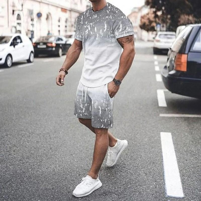 Летний Повседневный Мужской Взрослый Комплект с 3D Принтом Мужская Футболка с Коротким Рукавом Комплект Градиентные Крутые Повседневные Спортивные Шорты Двухпредметный