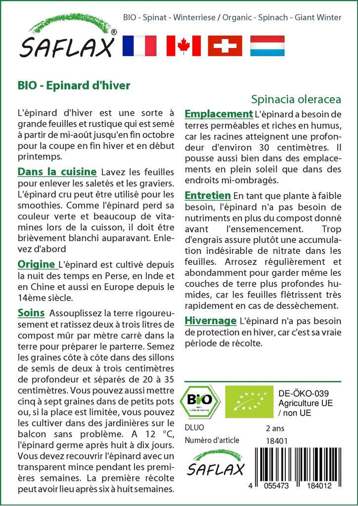 SAFLAX Garden in the Bag - Органический - Шпинат - Giant Winter - 250 семян - С субстратом в подходящем пакете - Spinacia oleracea