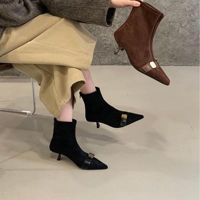 2025 новые остроносые замшевые ботильоны на шпильке с молнией сзади