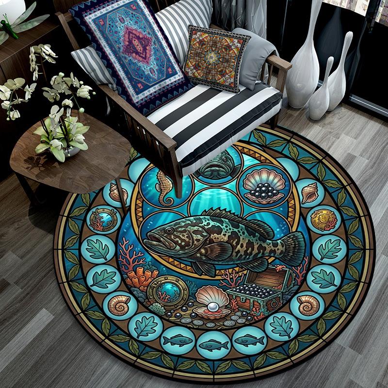 Ocean Treasures Panel Round Area Rug Under Office Chairs Bedroom Living Room Home Decor