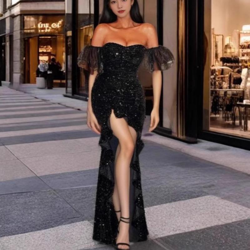 Spring Women's Sexy Sparkly Silk Short-sleeved Party Dress