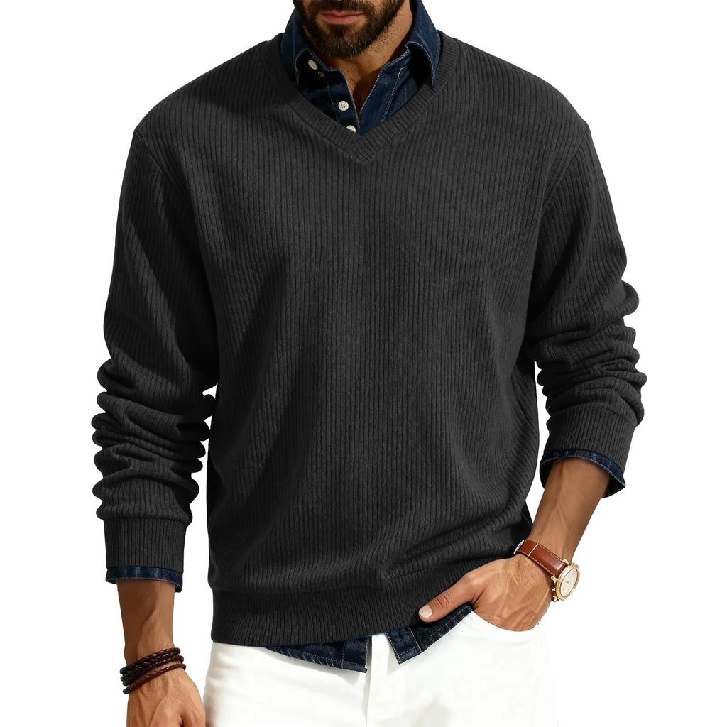 Men's V-neck Long-sleeved Ribbed Knit Pullover