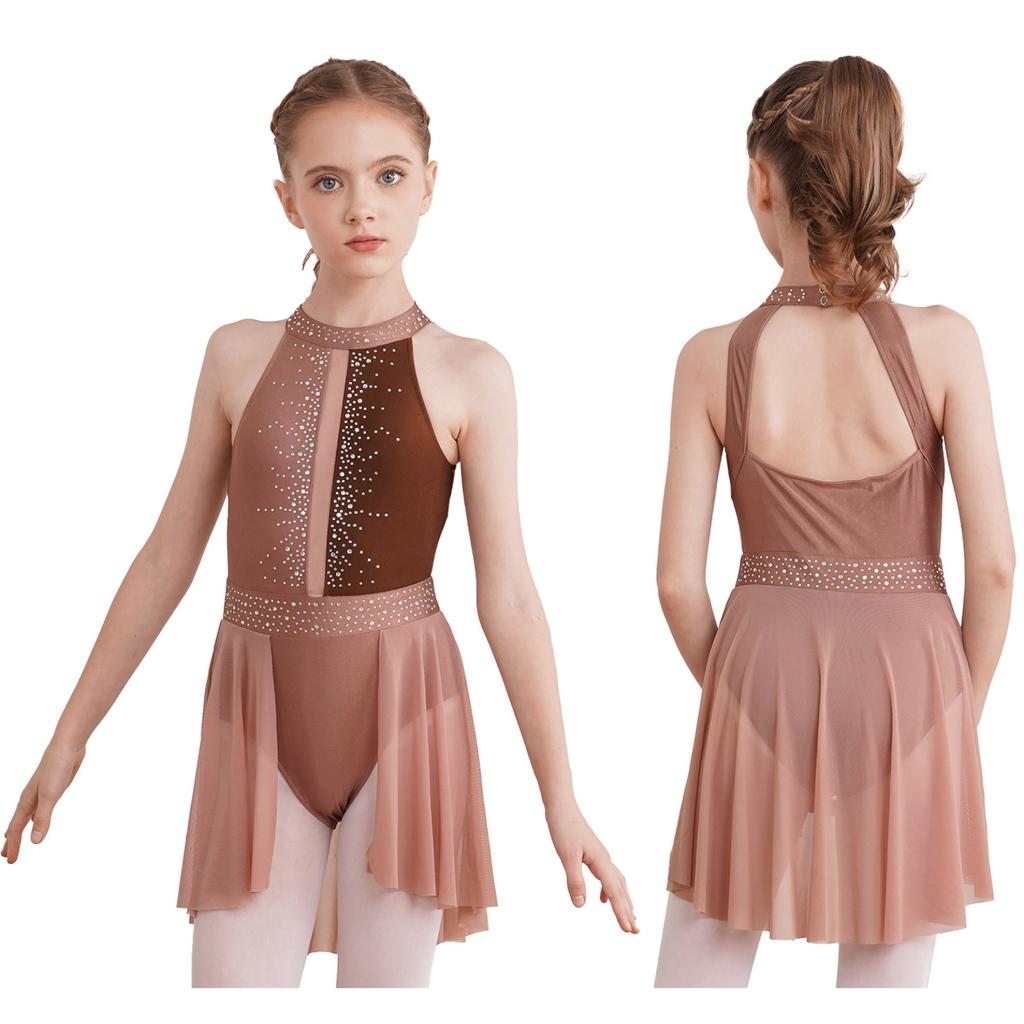 Girls Lyrical Dress Shiny Rhinestone Decor Sleeveless Irregular Hem Dance Leotard Dress Kids Dancewear