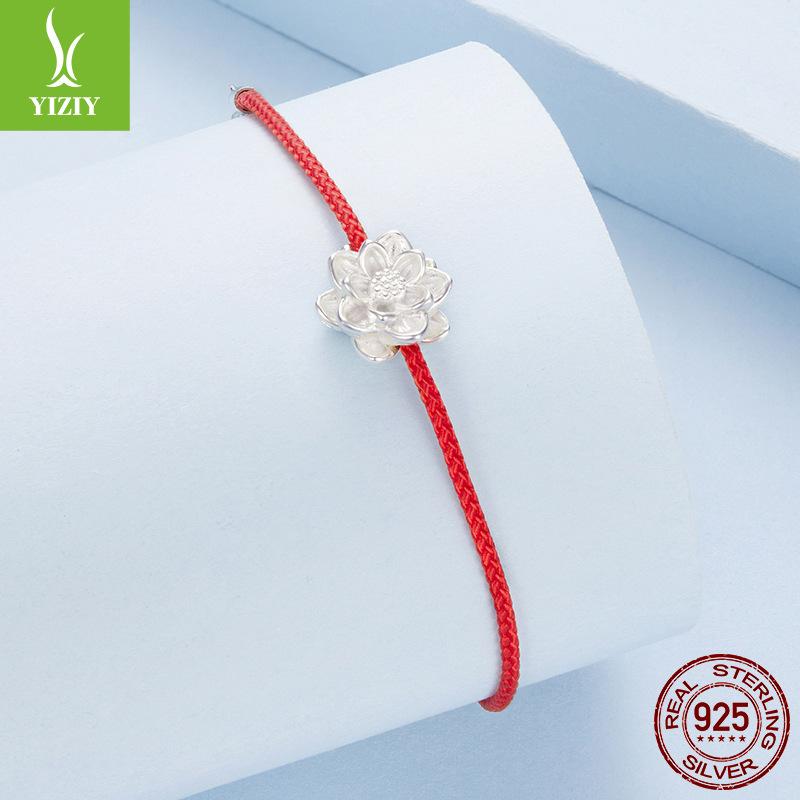 S925 Sterling Silver Lotus Red Rope Bracelet Women'S Exquisite Three-Dimensional Flower Lucky Bracelet Bracelet Jewelry