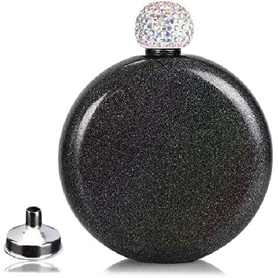Cute Liquor Flask for Women, Junya 304 Stainless Steel,Pretty Glitter Coating Whiskey Flasks,Shining Rhinestone Cap,Portable Wine Flask for Drink Bar