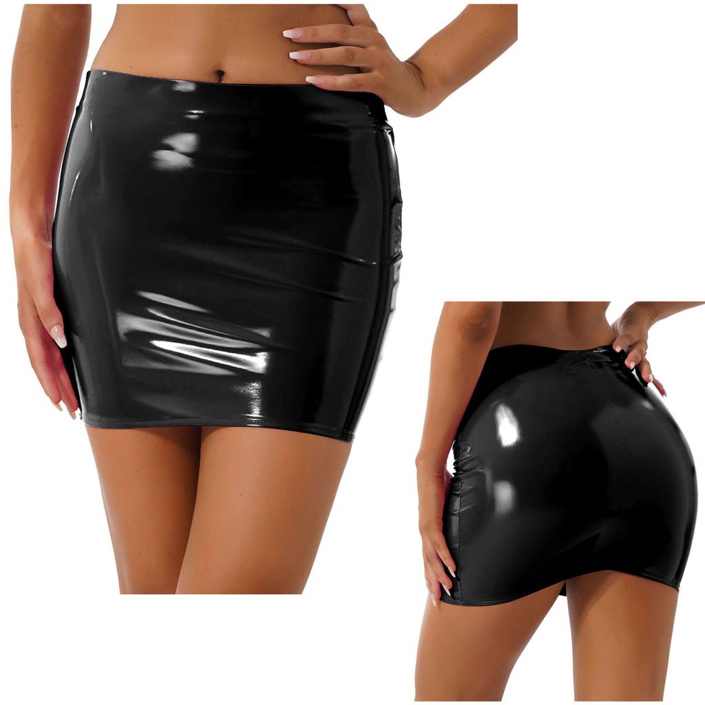 Women Sexy Skirts Glossy Patent Leather Miniskirt Solid Color Elastic Waistband Pencil Skirt Shiny Wet Look Latex Skirt Clubwear