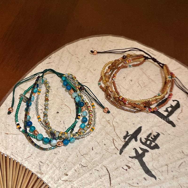 Богемный Экзотический Стиль Браслет из Бусин Ретро Этнический Стиль Плетеный Браслет из Кожи Коровы Нишевый Дизайн Персонализированные Украшения