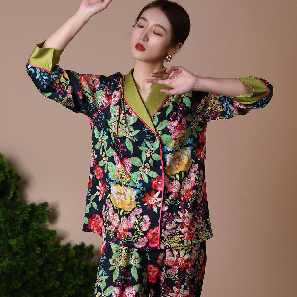 Пижамы для женщин, наряды с V-образным вырезом и цветочным принтом, одежда для сна из сатина, домашняя одежда, свободная ночная рубашка, костюм из 2 предметов, пижама