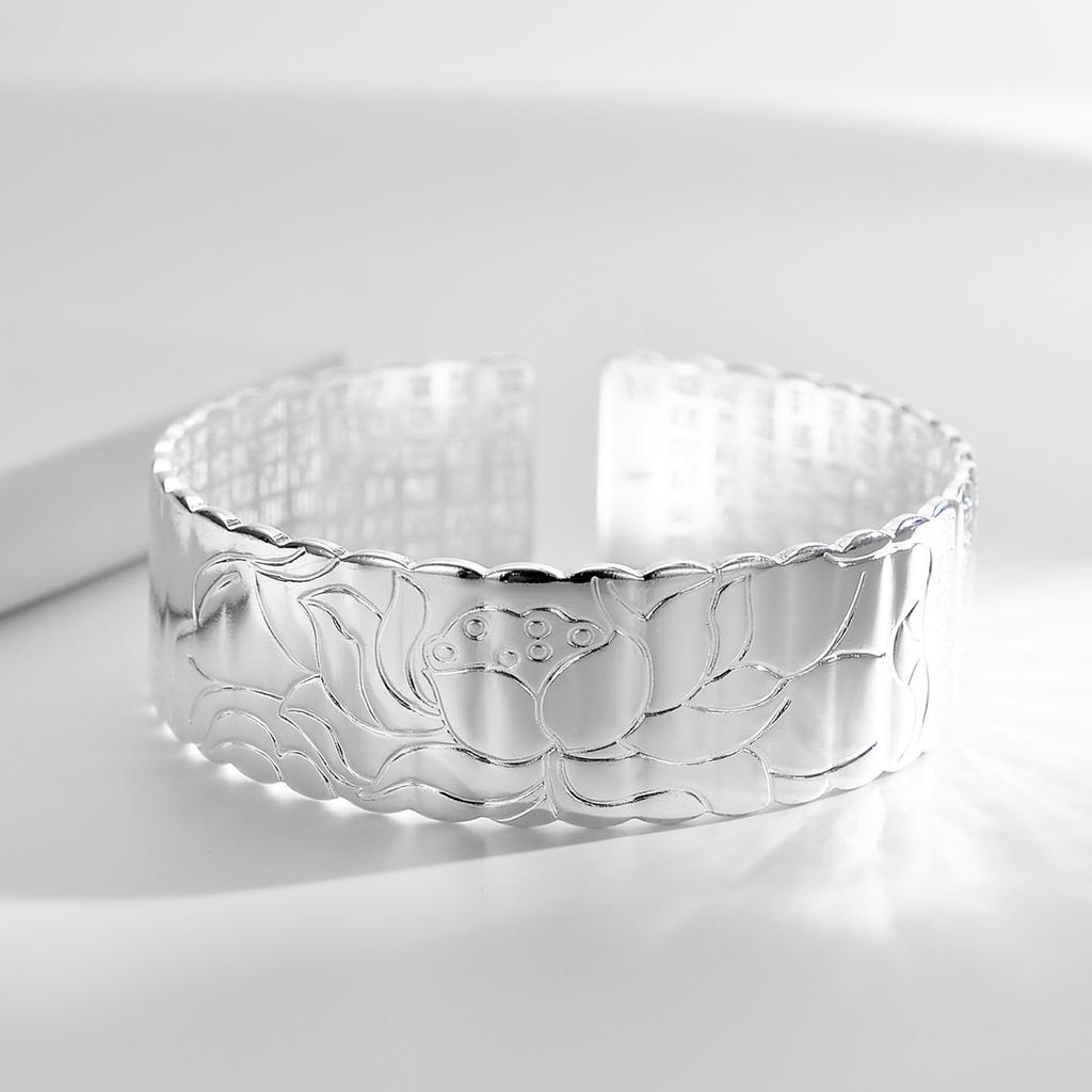 Wide Face Heart Sutra Bracelet, Female Opening Great Compassion Mantra Lotus Bracelet, Silver Jewelry, Birthday Gift