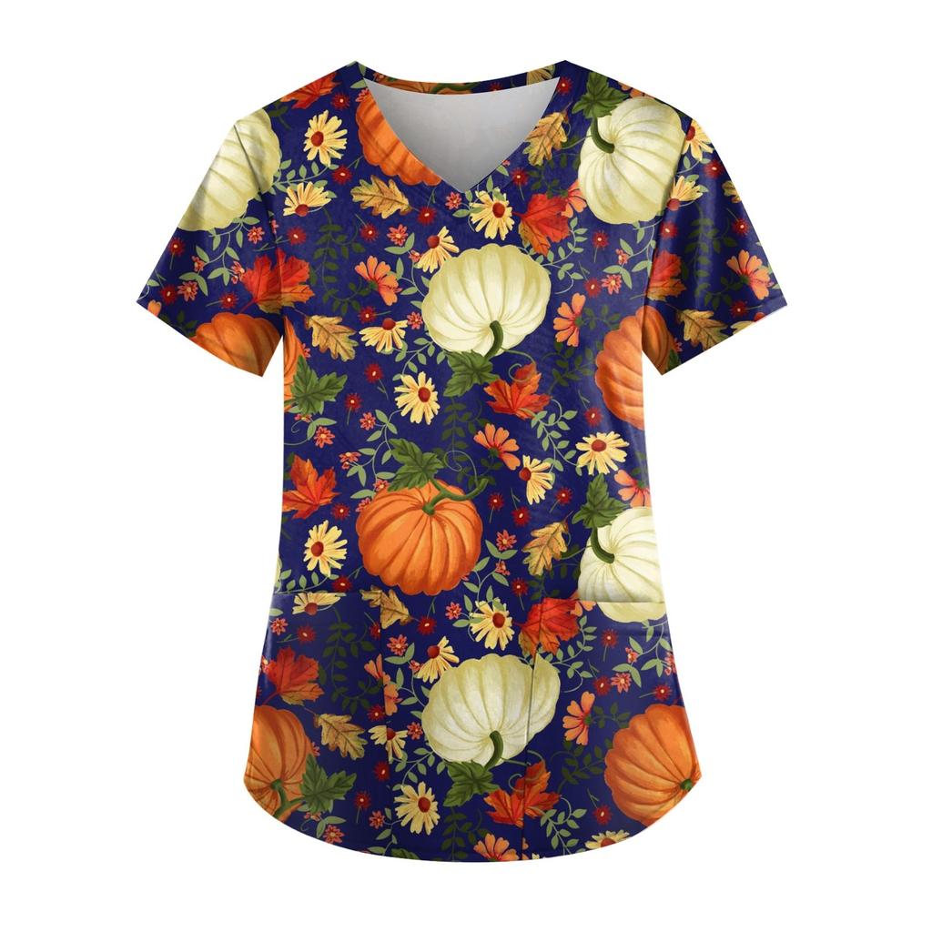 Женские топы с коротким рукавом и V-образным вырезом для Хэллоуина, карманные рабочие футболки