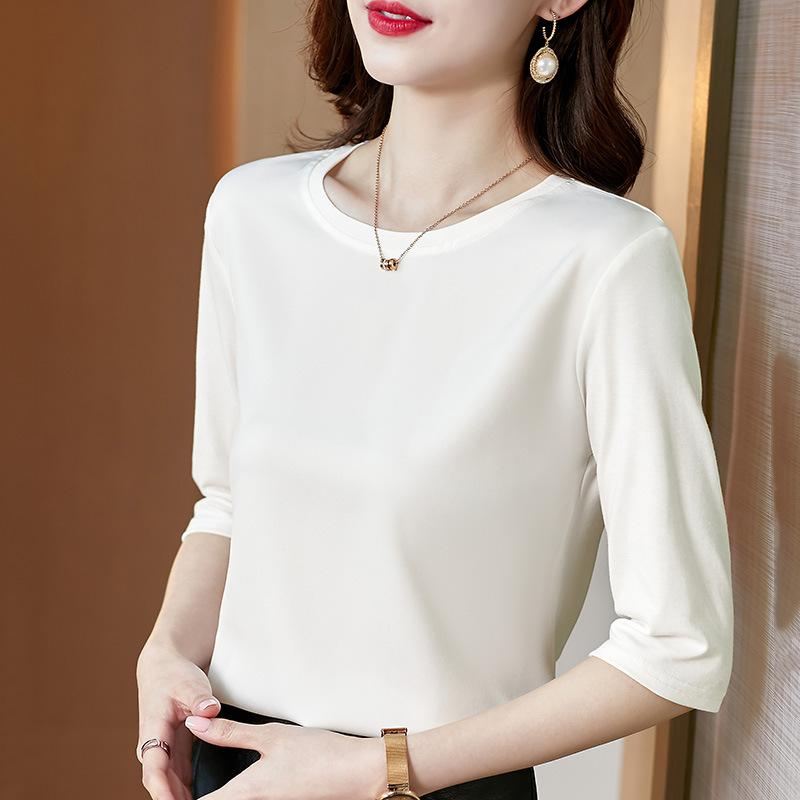 Футболка с рукавом 7 четвертей из ацетатного атласа на основе для женщин, весенняя, новая, модальная, с круглым вырезом, универсальная, маленькая рубашка