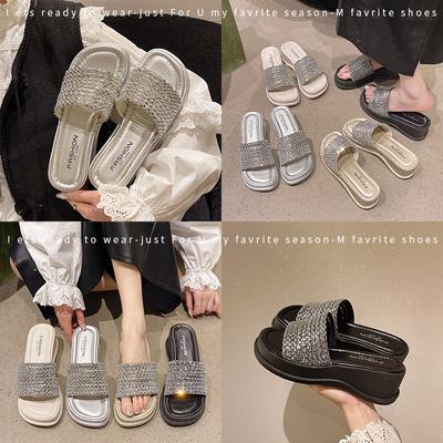 2025 летняя мода стразы слово с толстой подошвой танкетка женские босоножки с открытым носком маффин тонкие высокие каблуки плоские тапочки женские