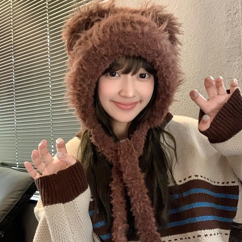 Зимняя мультяшная милая плюшевая шапка с медвежонком корейского выпуска, теплая шапка для девочек с изображением лица, маленькая шапка Баотоу с капюшоном