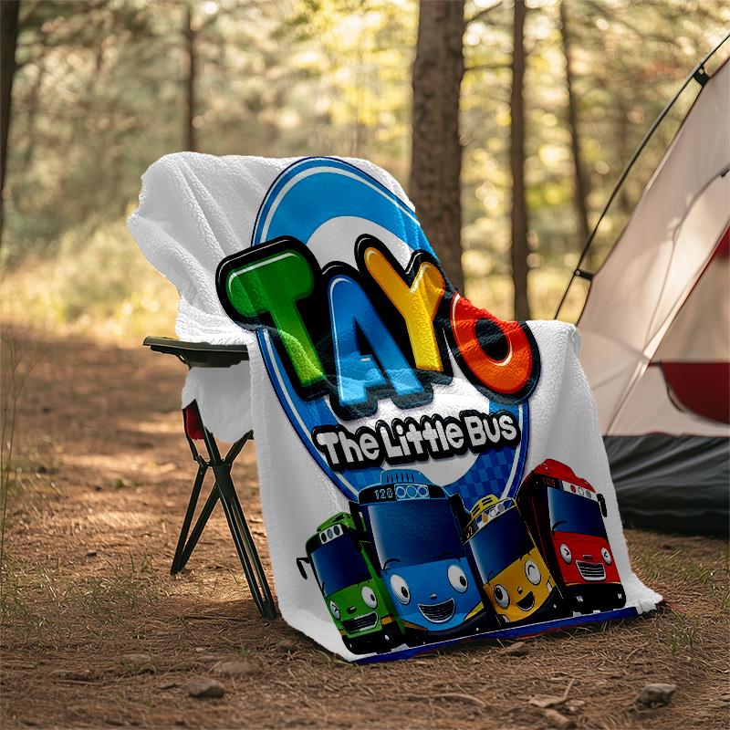 1pc Tayo The Little Bus2 Theme Soft Flannel Throw Blanket - Digital Print, Polyester, Cozy for All Seasons, Perfect for Outdoor, and Travel