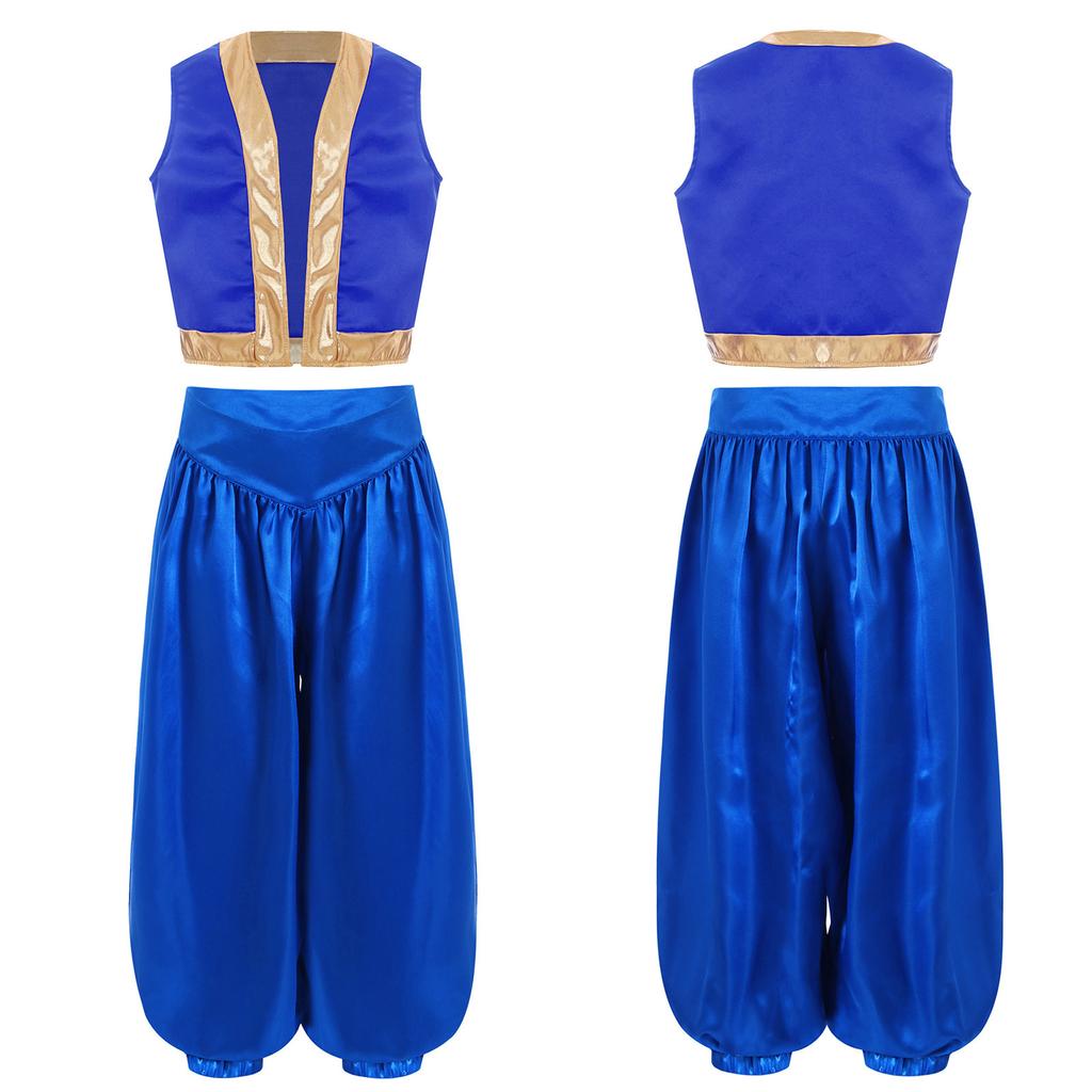 2 шт. Детский костюм для косплея на Хэллоуин, костюм игрового персонажа, арабский костюм, свободный жилет с широкими атласными шароварами, комплект, костюм для переодевания